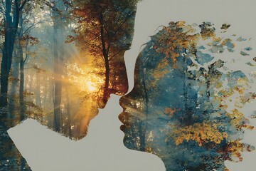 Intimate connection with nature shown through silhouette of couple in love with autumn forest and sunlight, perfect for wellness and relationship themes