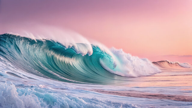 Stunning ocean wave curls majestically under vibrant pink and purple sky, creating surreal and dynamic seascape - Powered by Adobe