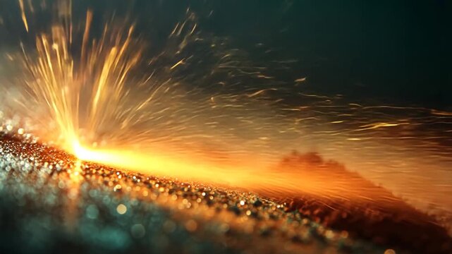 Close Up View of Intense Sparks Flying from Grinding Metal Surface Industrial Process Macro Shot
