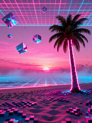 A bright sunset lights up the sky with pink and purple hues at a beach. Neon palm trees line the shore while colorful geometric shapes float above the water, creating a dreamlike atmosphere