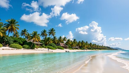 Idyllic beach scene with palm trees and clear water under a bright blue sky