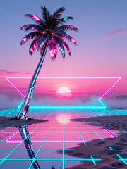 A stunning sunset unfolds over a beach, featuring neon palm trees and a holographic grid. The sky is filled with shades of purple and pink, creating a dreamy atmosphere