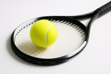Professional studio photo yellow tennis ball resting on throat of modern tennis racket with black and white strings racket lying diagonally on smooth white surface