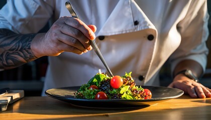 Culinary Craftsmanship: A chef delicately places the final touches on a vibrant salad, showcasing his dedication to precision and artistry.