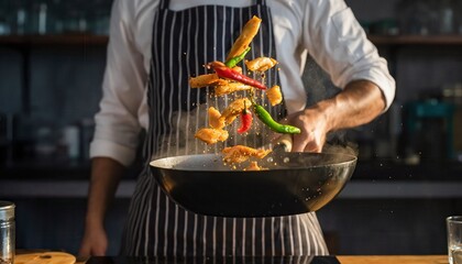 Culinary Artistry: A chef expertly tosses a medley of vibrant ingredients in a hot pan, demonstrating precision and passion in the kitchen. 