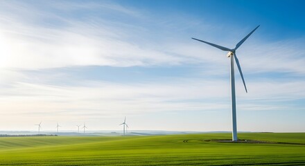 Fototapeta premium Modern wind turbines generating clean energy in a vast green field under a clear blue sky, illustrating a sustainable future concept