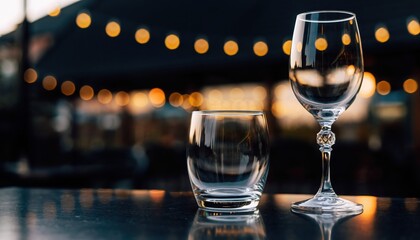 Elegant Glassware: Two exquisite glasses, one a stemmed wine glass and the other a tumbler, stand on a polished surface, illuminated by the soft glow of overhead lights.
