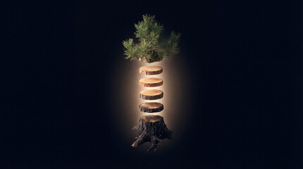 Conceptual image showing mystical decomposition of pine tree trunk into glowing floating wood slices