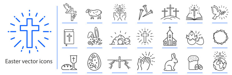 Set of Easter icons, including a church, Bible, prayer, cross, crucifix, Easter cake, rabbit, dove, and more, EPS10 vector line graphics.