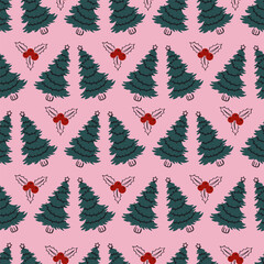 Christmas Trees and Berries Vector Seamless Pattern