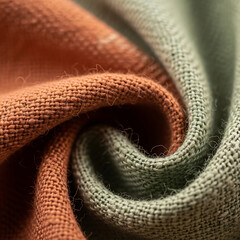 Close-up Texture of Woven Linen Fabric in Terra Cotta Orange and Sage Green
