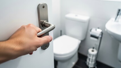 Male hand on handle of ajar door at toilet