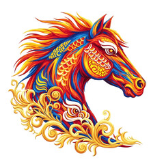 Fototapeta premium Vibrant Horse Head Illustration with Intricate Golden Scrollwork and a Dynamic Palette of Red, Blue, and Yellow, Capturing Majestic Beauty in a Stylized Art Style