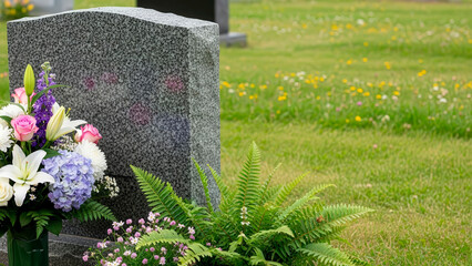 A granite headstone with a fern and a bouquet of flowers at a cemetery. Funeral and wake concept.