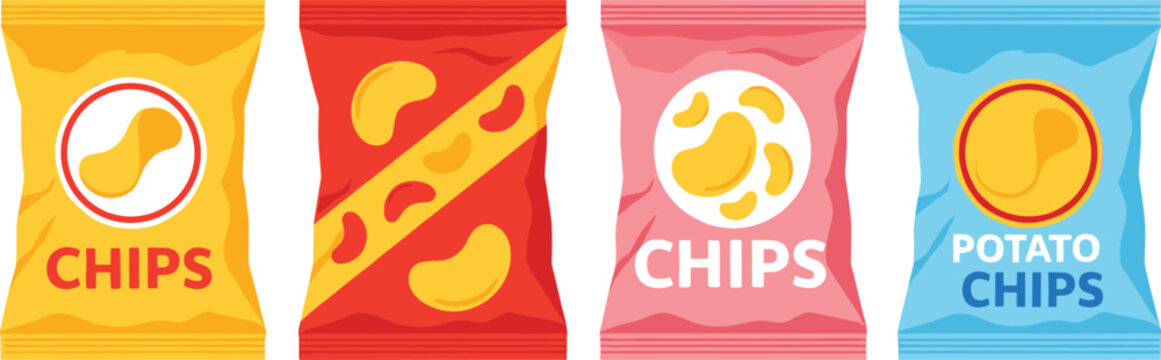 Vector collection of four colorful, sealed potato chip bags with different flavors and designs, perfect for snack food packaging, advertising, and grocery graphics