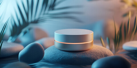 Facial Cream Jar Mockup on Stylized Pebble Base with Ambient Lighting