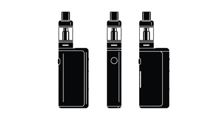 Three black electronic cigarettes shown in a minimalist line art style