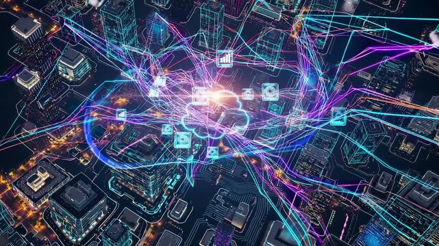 Cloud network glows over city. Digital lines show connectivity and computing data. Futuristic infrastructure highlights technology communication. Data city network cloud connectivity digital computing