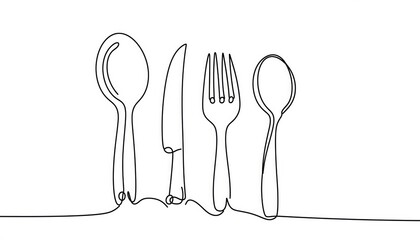 Minimalist Dining Set: A single, continuous line art piece portrays the essential cutlery, offering a modern and elegant representation of a complete dining set.
