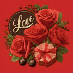 Blooming Love with red roses and a gift box