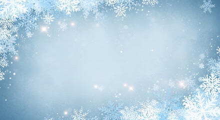 Abstract light blue winter frost background with sparkling snowflakes border and bright glow effect