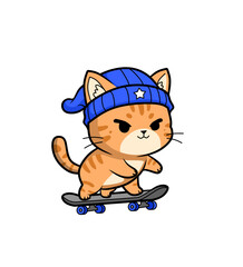 A playful orange chibi cat wearing a blue beanie while riding a skateboard, drawn in simple flat vector style with clean white background