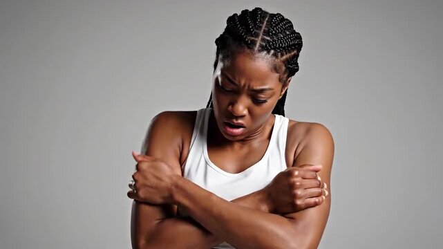 Woman Expressing Physical Pain And Discomfort With Facial Expressions And Body Language