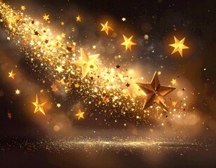 Gold stars and dust cascade down. Rich, dark backdrop