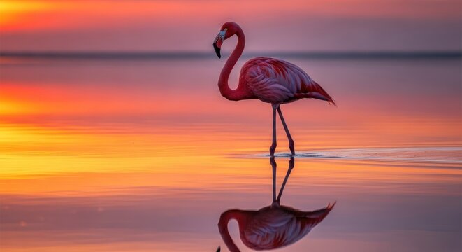Elegant flamingo standing serenely amidst sunset's radiant colors - Powered by Adobe