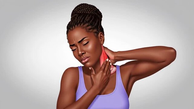 Woman Suffering Neck Pain Expressed, Showing Discomfort, Medical Illustration Animation