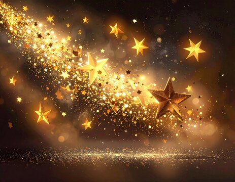 Gold stars and dust cascade down. Rich, dark backdrop - Powered by Adobe