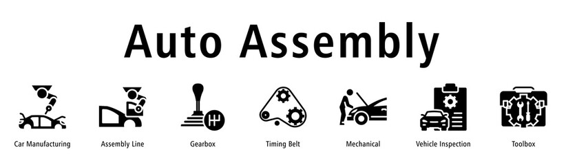 Auto Assembly web banner icon vector illustration with icons of Car Manufacturing, Assembly Line, Gearbox, Timing Belt, Mechanical, Vehicle Inspection and Toolbox.