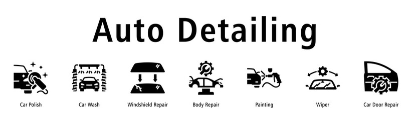 Auto Detailing web banner icon vector illustration with icons of Car Polish, Car Wash, Windshield Repair, Body Repair, Painting, Wiper and Car Door Repair.