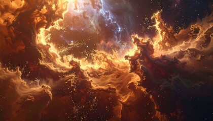 Colorful nebula with bright orange and blue hues swirled together in a captivating display of cosmic artistry