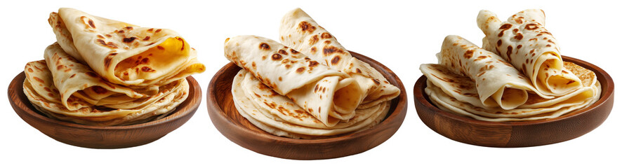 Set of Yemeni malawah flaky buttery bread baked round flatbreads with toasted spots stacked in pile, isolated on white background