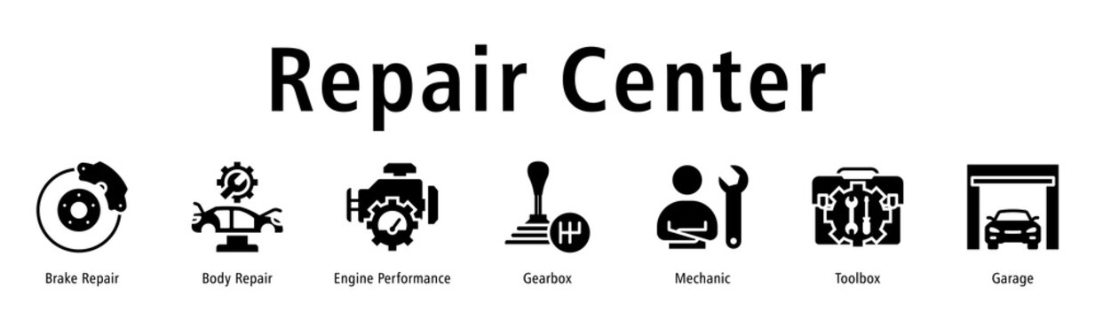 Repair Center web banner icon vector illustration with icons of Brake Repair, Body Repair, Engine Performance, Gearbox, Mechanic, Toolbox and Garage.