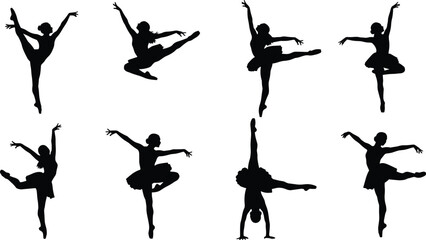 Giant Vector Collection of Black Silhouette Figures in Dynamic Action Poses, Featuring Ballet, Figure Skating, Martial Arts, Hip Hop Dance, Kicks, Jumps, and Sword Fighting Stances, Isolated on White.