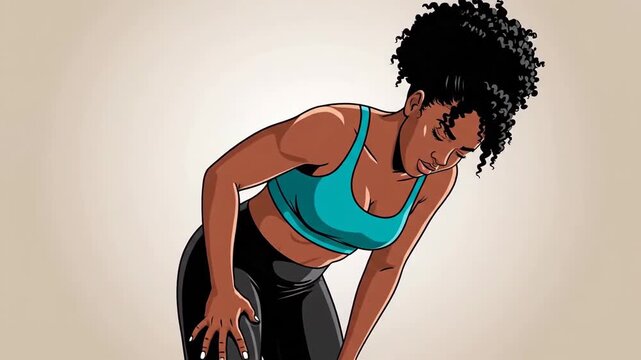 Woman Pauses During Exercise or Workout, Taking a Break, Resting, Comic Style Graphic