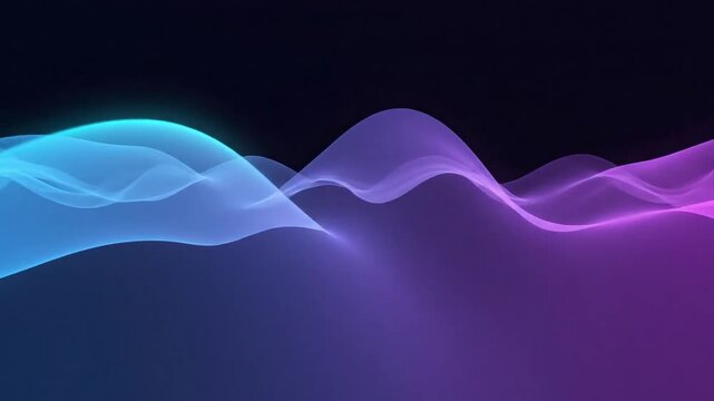 Abstract glowing waves of blue and purple light flow smoothly against a dark background.