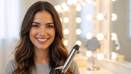 A portrait of a happy brunette with wavy hair holding a curling iron in front of a backlit mirror. Beauty and morning routine concept.