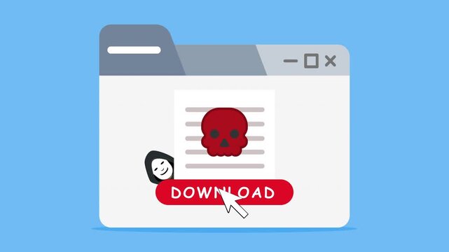 4K animation of hacker tricking users into downloading a malicious file. Concept of malware, virus, phishing, cyber attack, and online security threats.