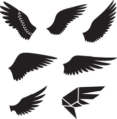 Obraz premium Collection of varied black wing silhouettes isolated. representing freedom, flight, power, and angelic themes.