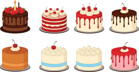 A vector collection of eight colorful single-serving round dessert cakes, including red velvet, chocolate drip, and various frosting and cherry toppings, ideal for bakery design
