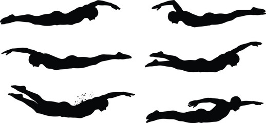 Swimmer silhouette, diving motion, splash effect, streamlined pose, athlete icon, water sport, dynamic movement, swim technique, pool action, body form