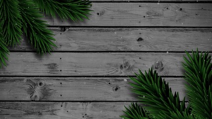 Flat design showing gray wooden planks with snow dusted pine branches, business theme, copy space © vectorfusionart