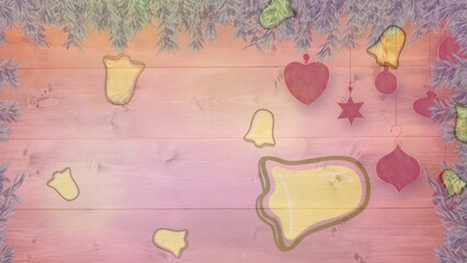 Flat design golden bell is hanging on pink wood with fir branches, red ornaments, holiday marketing