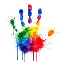 Vibrant rainbow handprint splatter art on white background