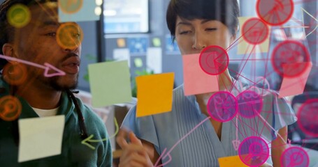Two colleagues are arranging sticky notes with network diagram on glass in flat business design