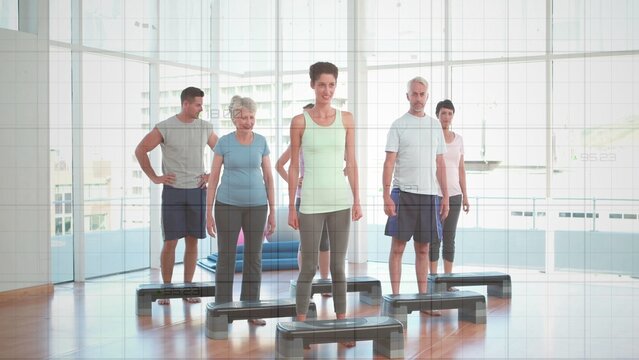 Fototapeta Five adults are standing behind aerobic step platforms in flat design gym studio, health theme