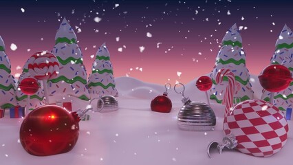 Whimsical winter holiday scene is showcasing flat baubles, trees under gradient dusk sky for ads